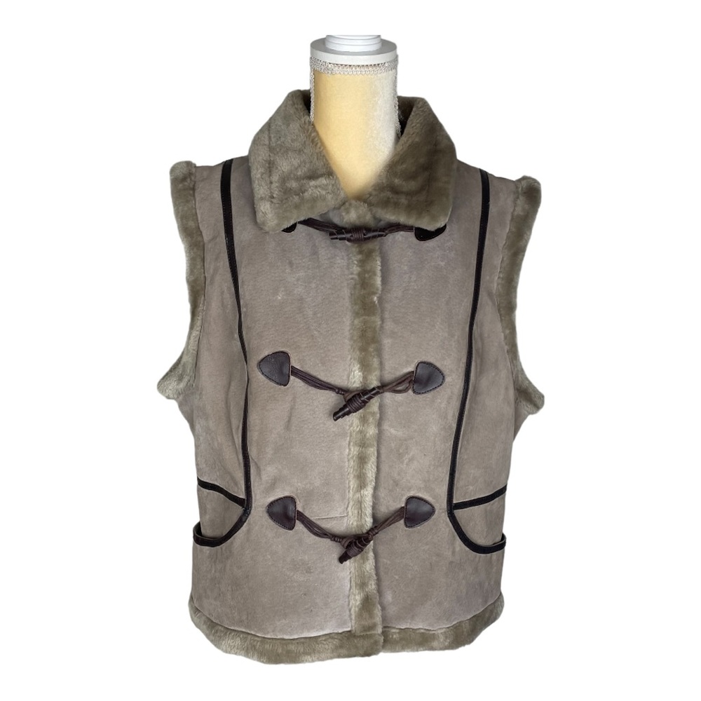 Bernardo Tan Suede Faux Fur Trimmed Vest Size XL Warm Toggle Closure